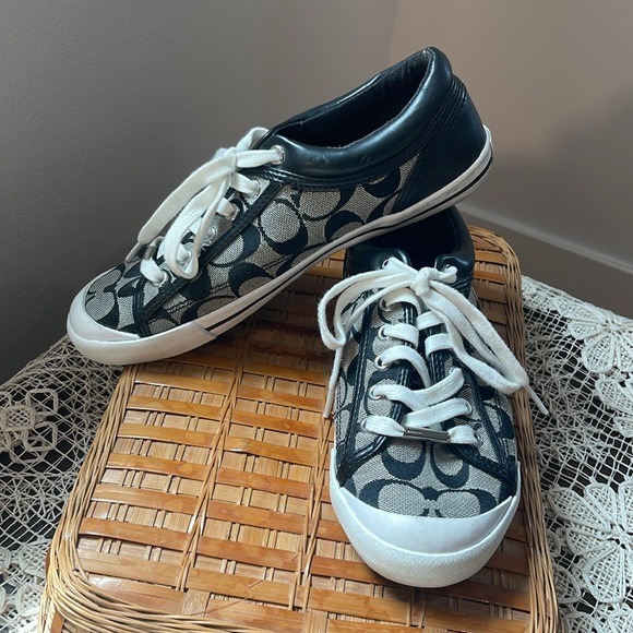 Coach Signature Logo Canvas and Leather Sneakers in black and white - Picture 3 of 9